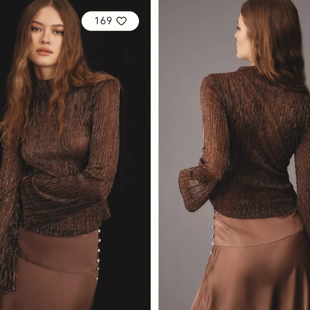 Anthropologie Long-Sleeve Mock-Neck Metallic Top - Size S - NWT